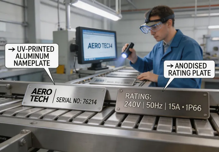 Industrial labels and nameplates on engineering line